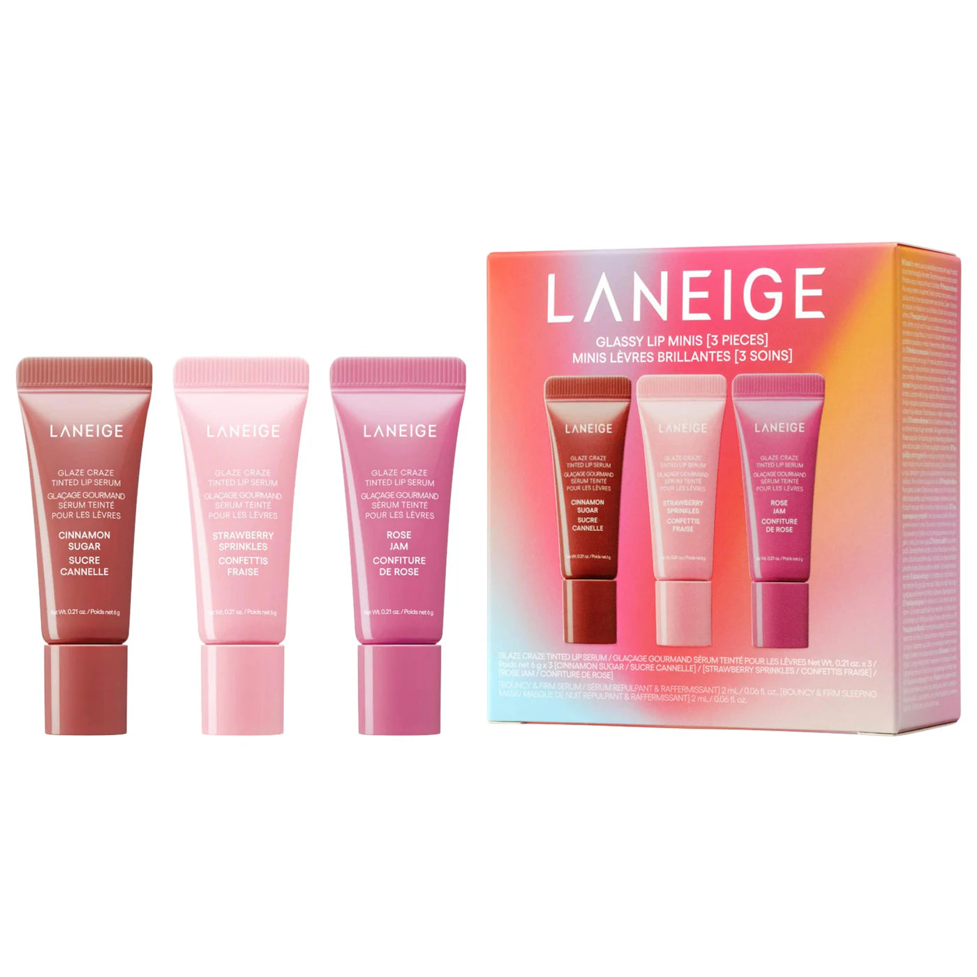 Sobre pedido: LANEIGE Glassy Lip Minis 3 Pc. Glaze Craze Tinted Peptide Lip Serum Gift Set